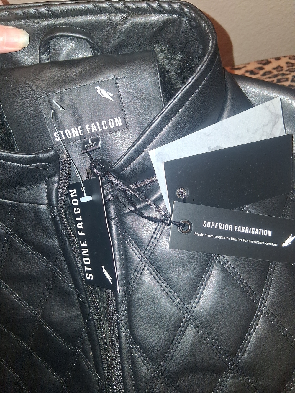 Men's Stone Falcon Black Quilted Faux Leather Jacket